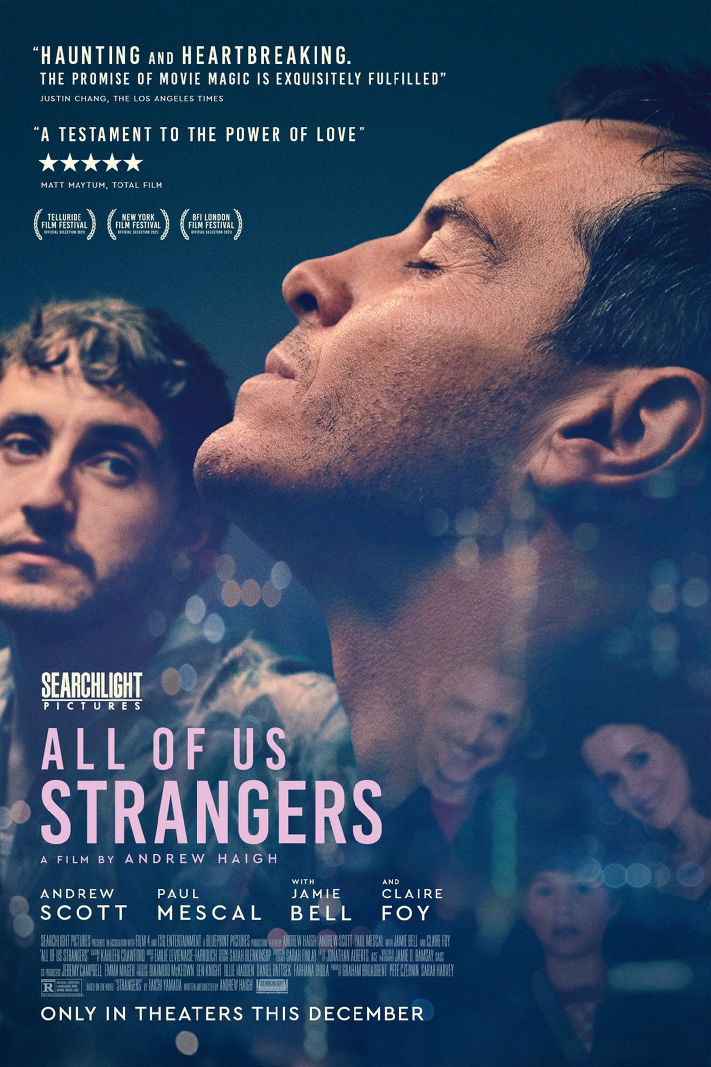 Movie poster for "All of Us Strangers" showing two men in profile against a blue-toned background, starring Andrew Scott and Paul Mescal.