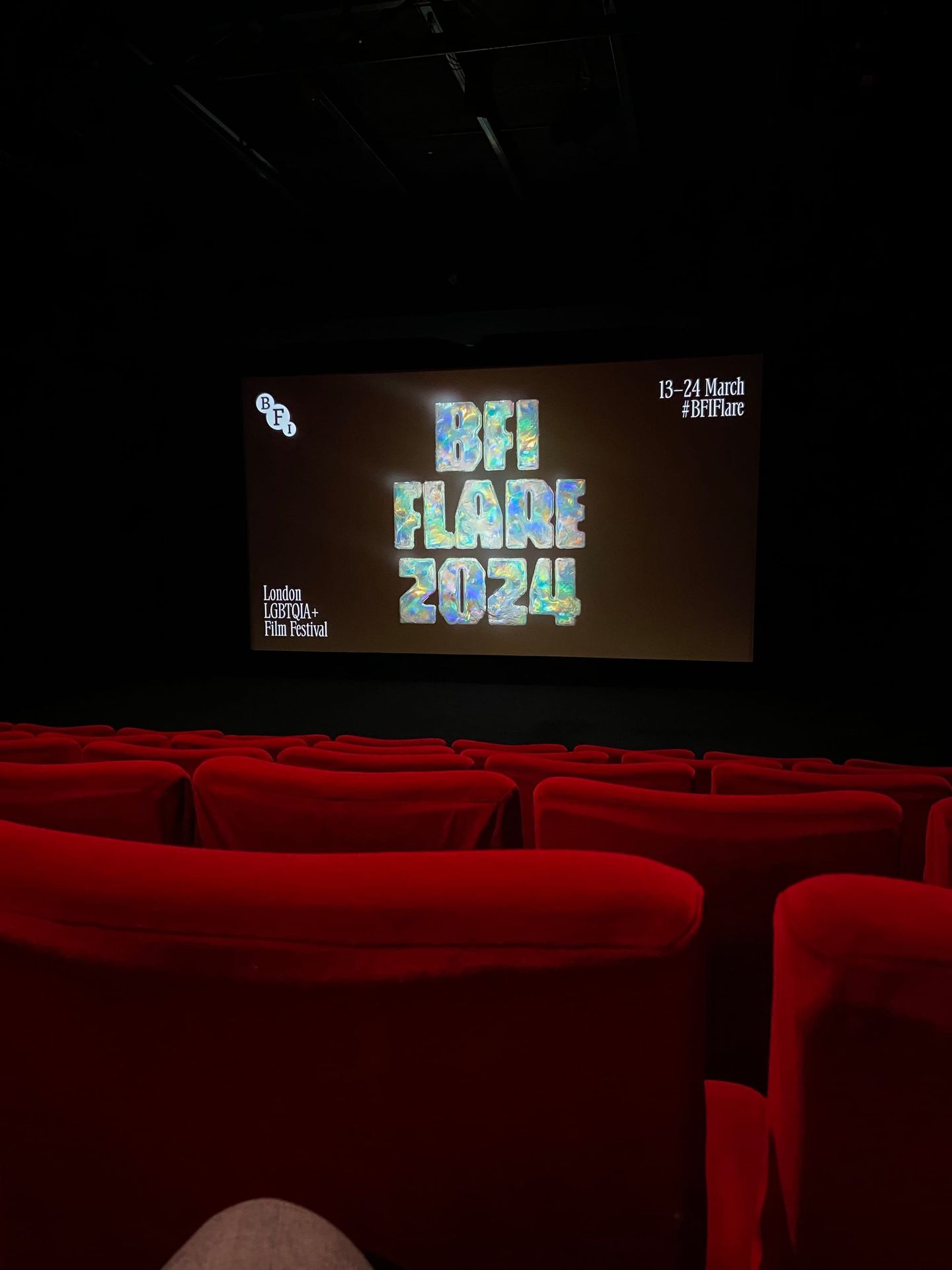 Cinema interior with red velvet seats facing a screen displaying "BFI Flare 2024" London LGBTQIA+ Film Festival, 13–24 March.