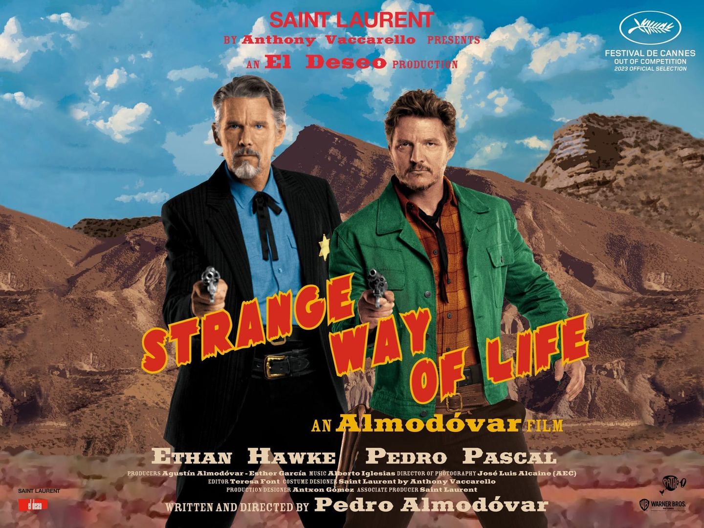 Movie poster for "Strange Way of Life" showing Ethan Hawke and Pedro Pascal in Western attire holding revolvers against a desert backdrop.
