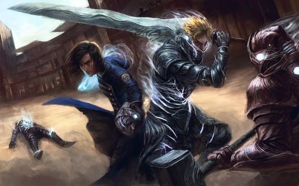 Fantasy battle scene: two warriors fighting an armored red enemy, one in blue wielding magic, another swinging a large sword.