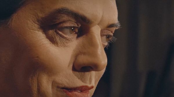 An extreme close-up of Mama Jad, one of the trans aunties featured in the film.