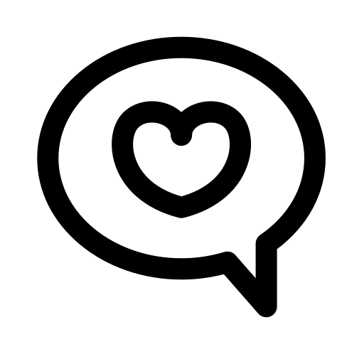 Black outline icon of a speech bubble containing a heart shape, representing love, like, or favorite in messaging.