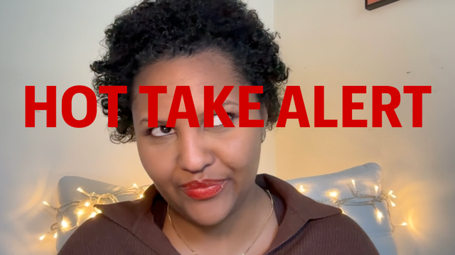 Woman with curly black hair and red lipstick wearing brown top, with "HOT TAKE ALERT" in large red text overlay.