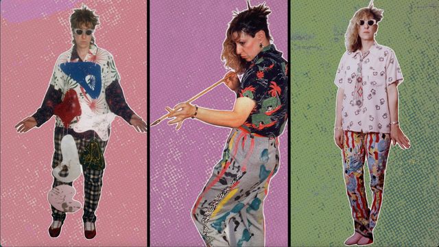 Three people in bold 1980s punk-inspired fashion with spiky hair, patterned shirts, and colorful pants against pink and green backgrounds.