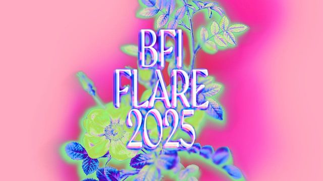 BFI Flare 2025 logo in glossy white text over vibrant pink background with neon green and blue floral illustration.