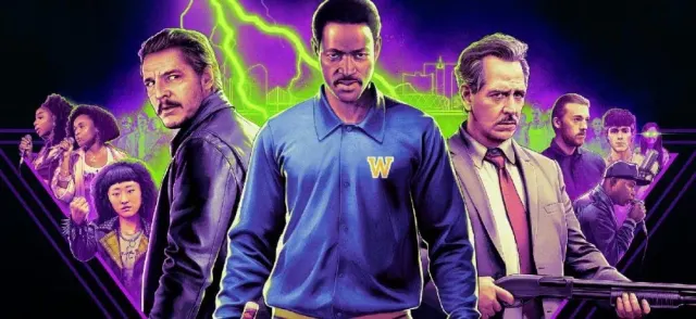 Stylized movie poster with multiple characters against a purple sky with green lightning, central figure wearing a blue "W" jacket.