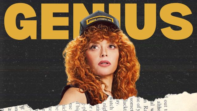 Woman with curly red hair wearing a "State Champs '94" cap, against dark background with large gold text "GENIUS" and torn newspaper strips.