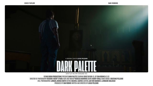 Movie poster for "Dark Palette" showing a person standing in a dark room facing an easel, lit by dramatic side light.
