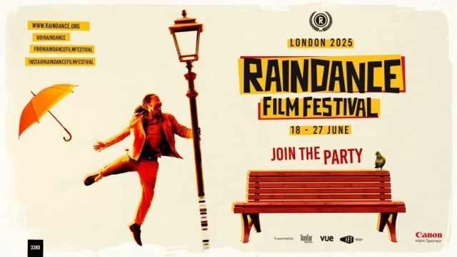 Raindance Film Festival poster, London 2025, 18-27 June. Man swings on lamppost, orange umbrella, red bench, pigeon.