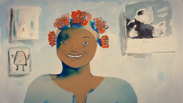 Watercolor illustration of a smiling person with red flower crown, wearing a blue top, with artwork pinned on wall behind them.