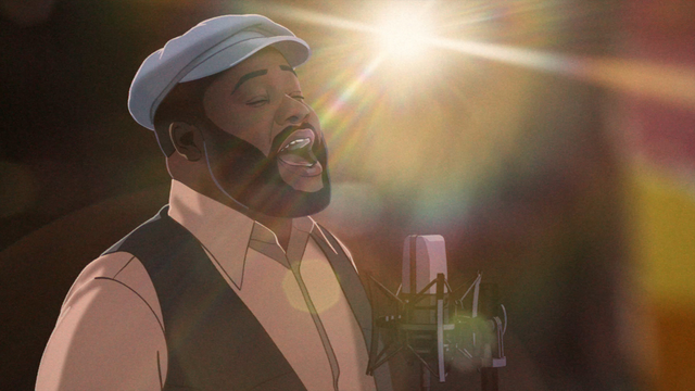 Animated man with beard and flat cap singing passionately into a studio microphone, backlit by bright lens flare.