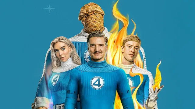 Promotional poster for The Fantastic Four showing four characters in blue suits with "4" logos, with flames and a rocky figure behind them.