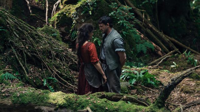 Two people in medieval-style clothing face each other in a dense, moss-covered forest with exposed tree roots and ferns.