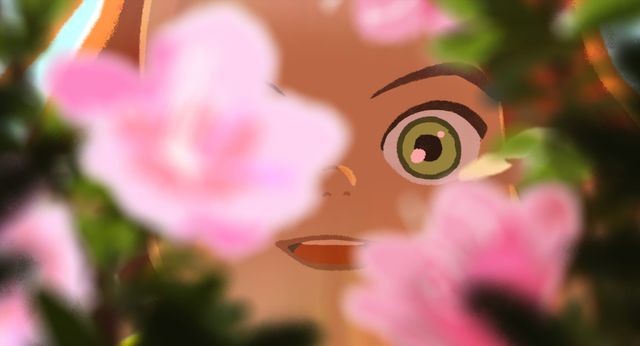 Animated character with green eyes and red hair peeks through pink flowers and green leaves with a surprised expression.