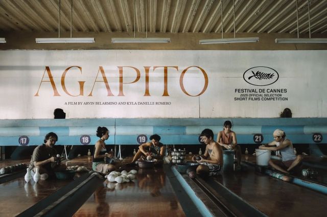 Film poster for "Agapito" showing workers sitting on bowling alley lanes, Cannes 2025 Short Films Competition selection.
