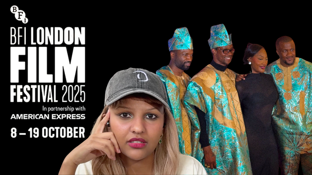 Woman in cap poses before BFI London Film Festival 2025 poster with group in matching teal-gold African agbada outfits.