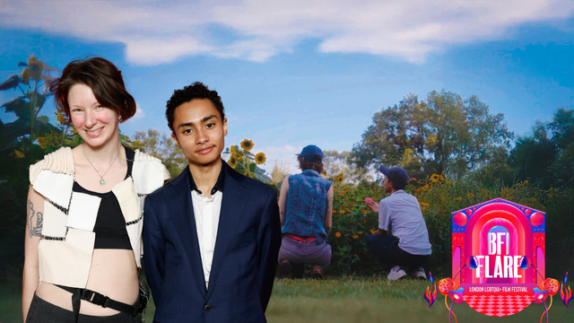 Two young people pose together, composited over a garden scene with sunflowers. BFI Flare London LGBTQIA+ Film Festival logo.