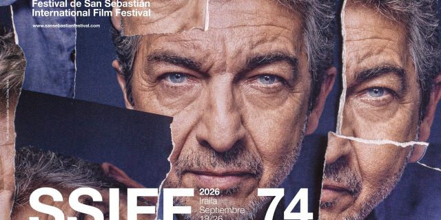 Poster-style collage for the 74th San Sebastián International Film Festival, with torn-paper fragments of a man’s face and the festival name, SSIFF, 2026 and 74 text.