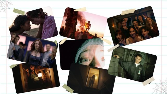 Collage of taped horror and thriller movie stills on a lined notebook-paper background with spiderweb doodles.