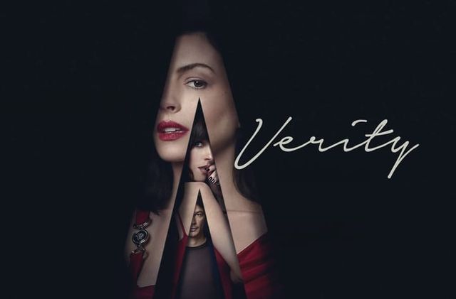 Dark promotional image showing a woman in red behind jagged mirror-like shards containing other faces, with the title Verity.