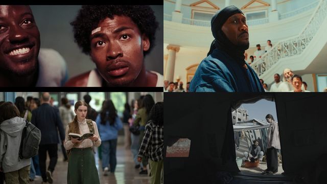 Four-panel festival film collage showing close-ups of young men, a man in a grand interior, a student reading in a crowded hallway, and people seen from inside a dark tent.