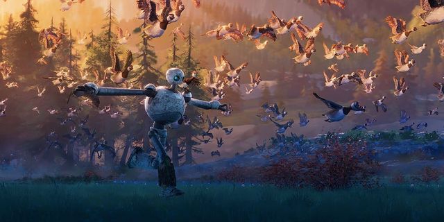 Animated robot stands in a forest clearing with arms outstretched as a large flock of geese flies around it at sunset.