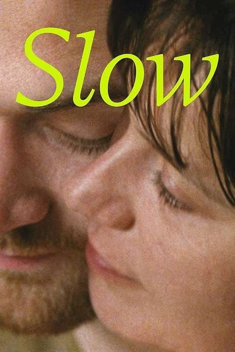 Movie poster for "Slow" showing two people in an intimate close-up, foreheads touching with eyes closed, in warm tones.