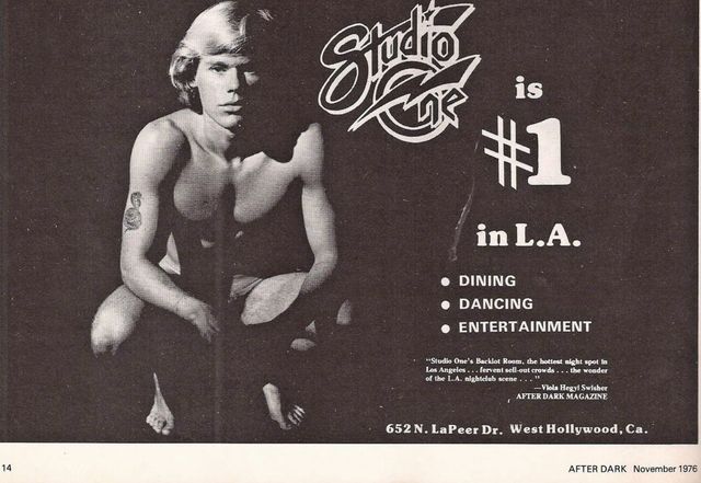 1976 After Dark magazine ad for Studio One nightclub in West Hollywood, featuring a shirtless young man crouching.