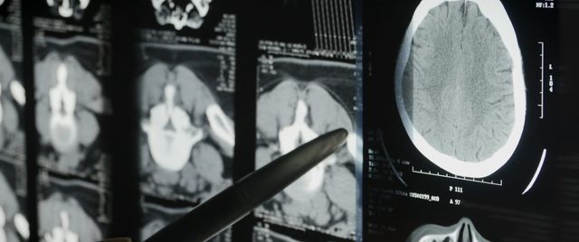 CT scan images displayed on a monitor showing brain and abdominal cross-sections, with a pen pointing at the scans.