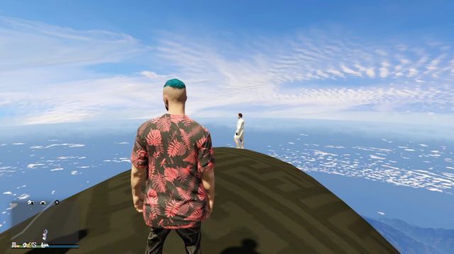 Two GTA Online characters standing atop a tall hill overlooking the ocean, one with teal hair and floral shirt, seen from behind.