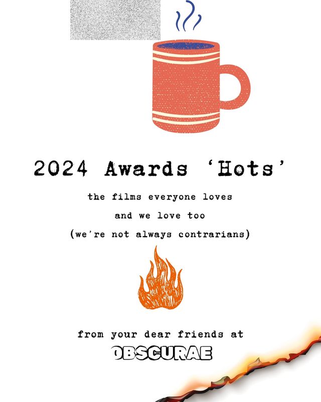 Illustrated poster with red coffee mug, flame graphic promoting "2024 Awards 'Hots'" film list from Obscurae.