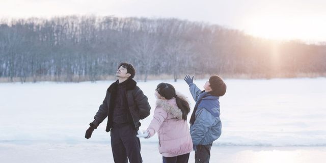 Three people in winter coats standing on a snow-covered field, looking up at the sky, with bare trees and sunset behind them.