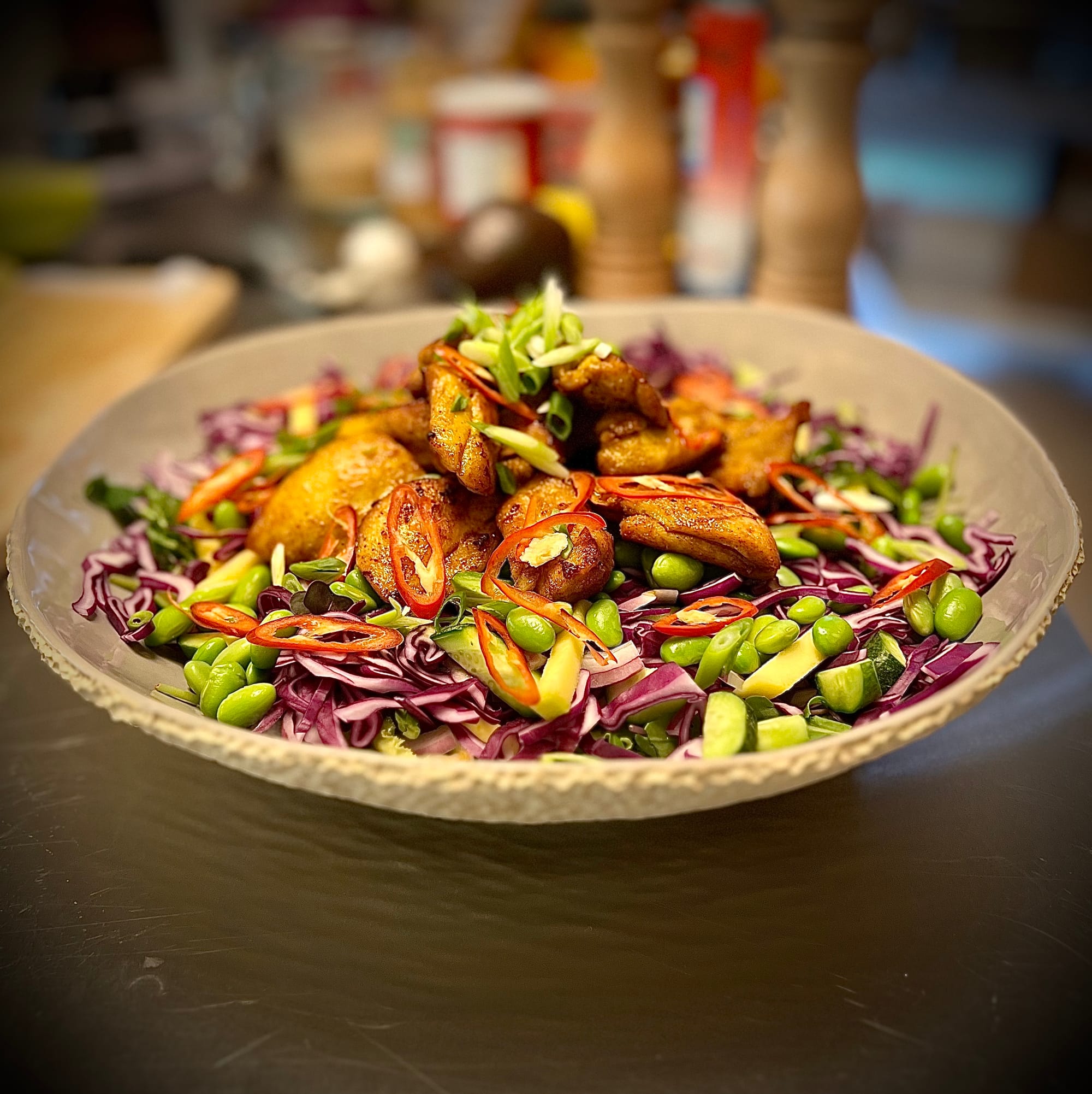 Colorful Asian Chicken Salad in Large Ceramic Bowl