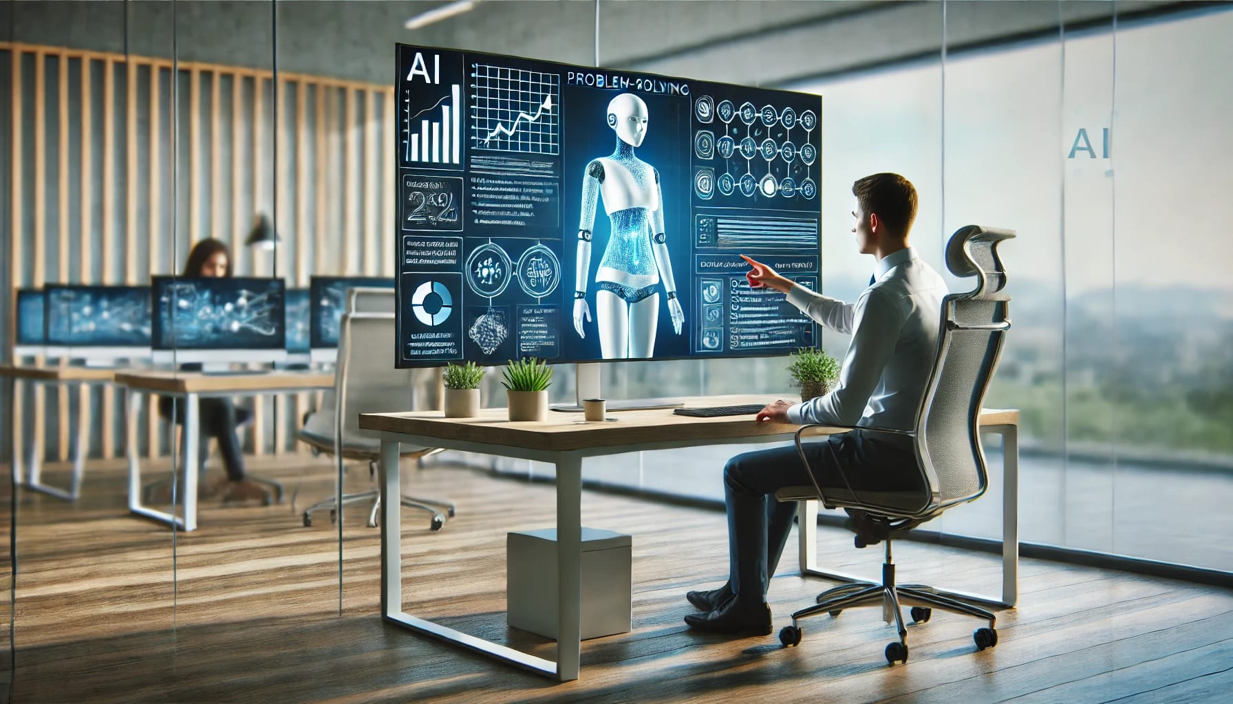 Man Sitting in Front of Large Computer Screen Depicting AI