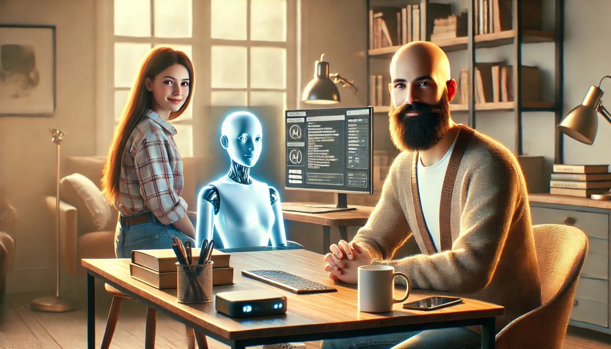 Man and woman in a home office, using AI