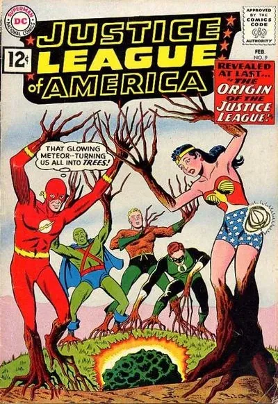 Flash, Martian Manhunter, Aquaman, Green Lantern et Wonder Woman transformés en arbres par un météore luminescent