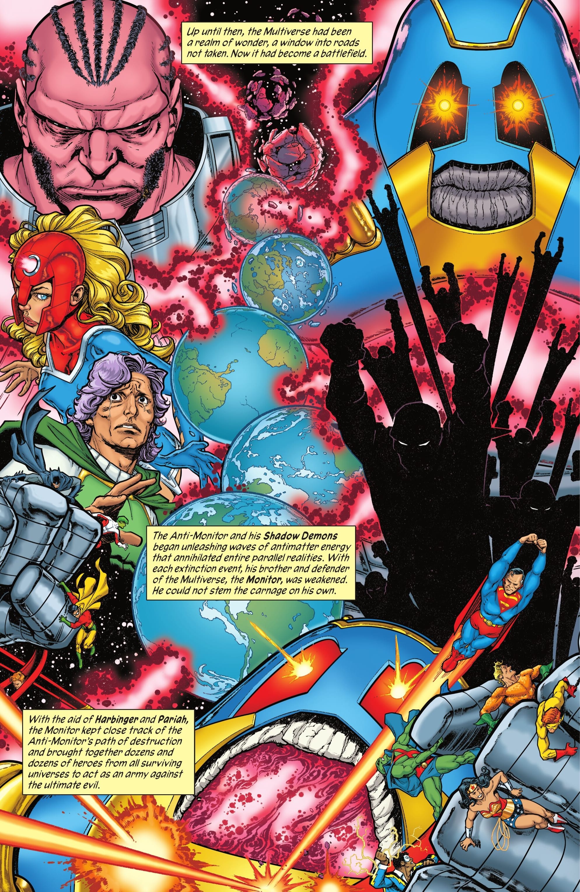 Résumé de Crisis en une page, héros contre Anti-monitor sur fond de planètes brisées. 