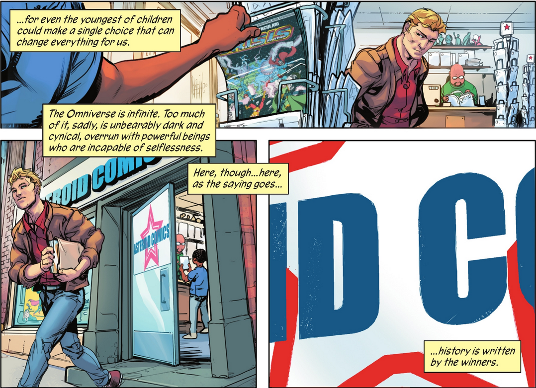 Page du numéro 4 où Mark Waid écrit "l'histoire est écrite par les vainqueurs" au dessus des lettres D et C. Goux douteux pour la concurence, que l'on respecte normalement ...