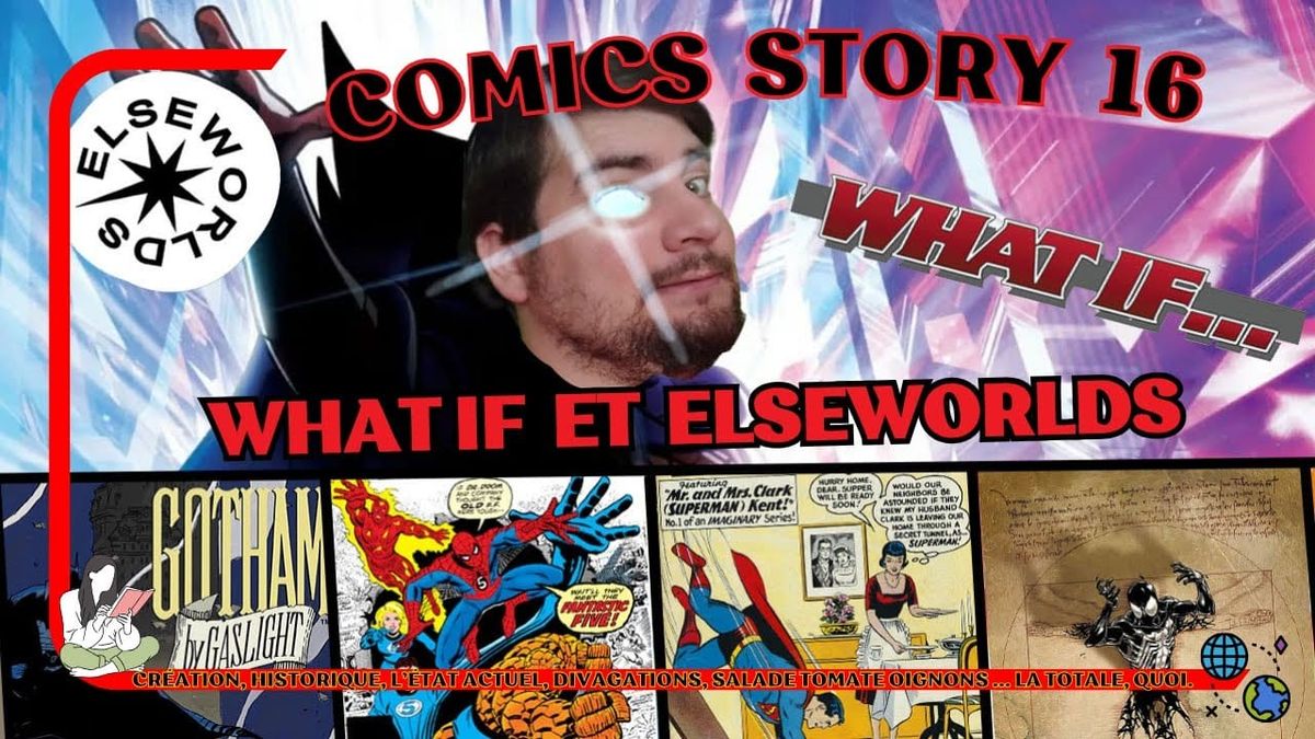 Sn Parod en Guardien (Watcher) de la série What-if récente, avec 4 couvertures de comics liées au sujet en bas. Il y a les logos What-ifs et Elseworlds. 