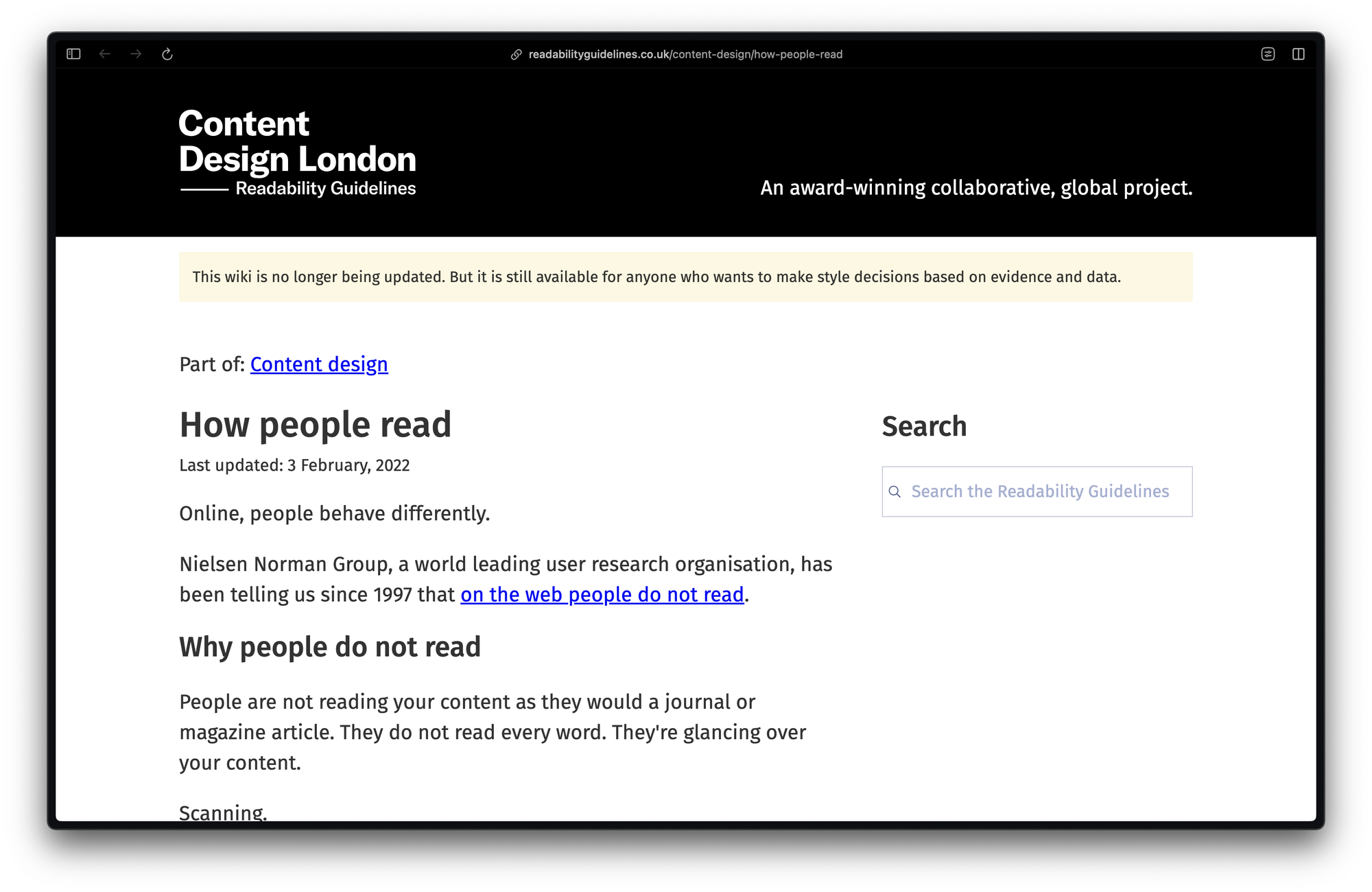 Screenshot of an article called How people read on Content Design London's Readability Guidelines
