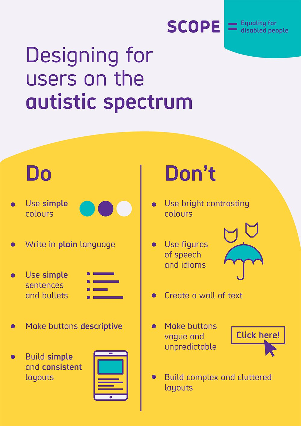 Illustrated infographic titled 'Designing for users on the autistic spectrum' that features two lists with the titles, Do and Don't. 