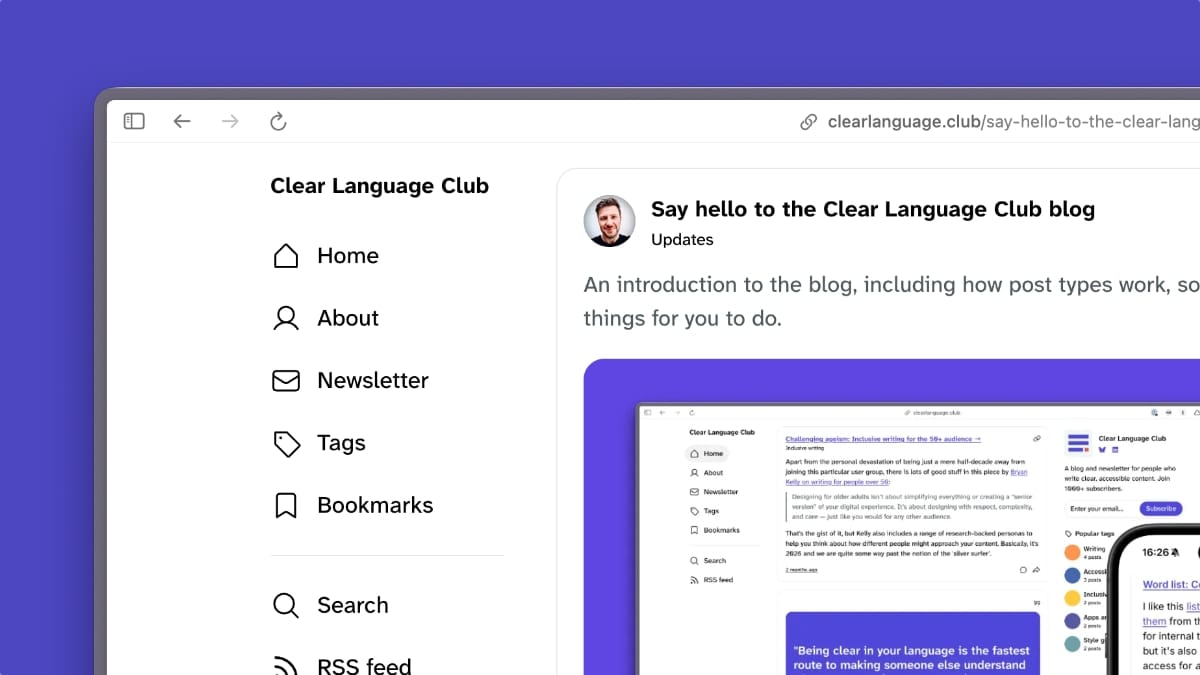 Cropped screenshot of the Clear Language Club homepage, which shows the menu and first post title