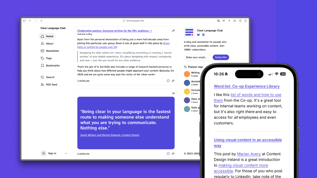 Screenshot of the Clear Language Club home page. Menu is in the left column, a stream of posts in the middle column and popular tags on the right. 