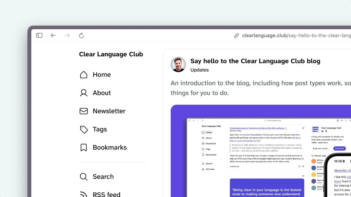 Cropped screenshot of the Clear Language Club homepage, which shows the menu and first post title