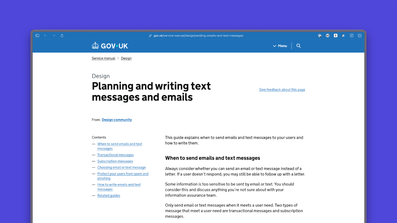 Screenshot of guidance on GOV.UK, the text is small and difficult to read, apart from the heading: Planning and writing text messages and emails
