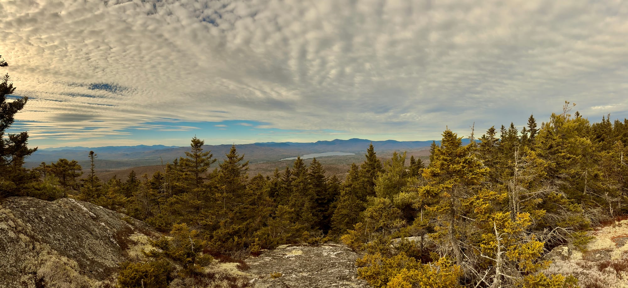 Stunning panoramic view from Bald Mountain in Wilton, showing pine trees, rocky terrain, and distant mountains under a cloud-filled sky.