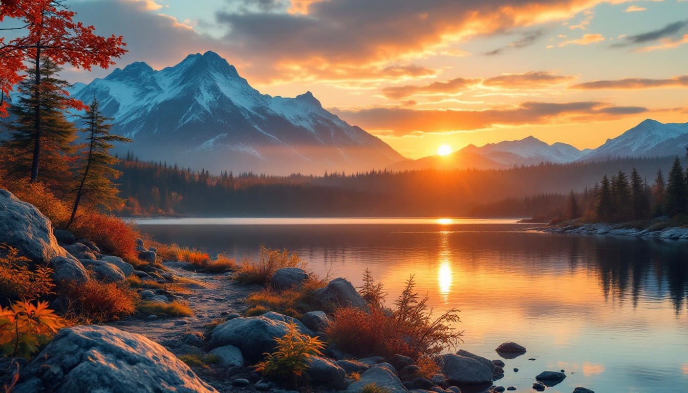 A breathtaking Maine landscape at sunset with mountains in the background, a tranquil lake, and autumn trees along a rocky shoreline.