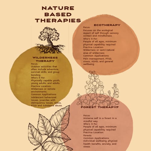 Infographic comparing Wilderness, Ecotherapy, and Forest Therapy focuses, audiences, locations, and common applications.