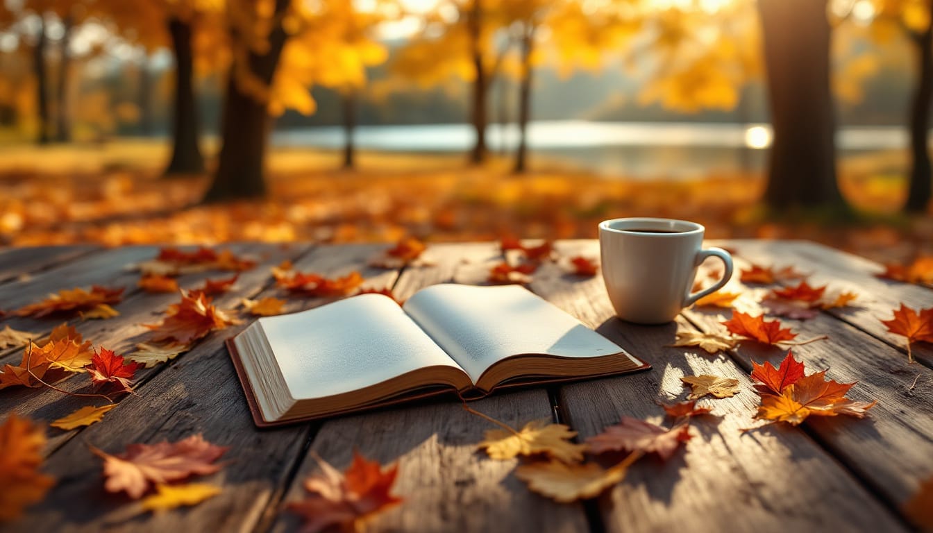 An open journal and a cup of coffee on a wooden table surrounded by autumn leaves, overlooking a serene lake and nature’s beauty.