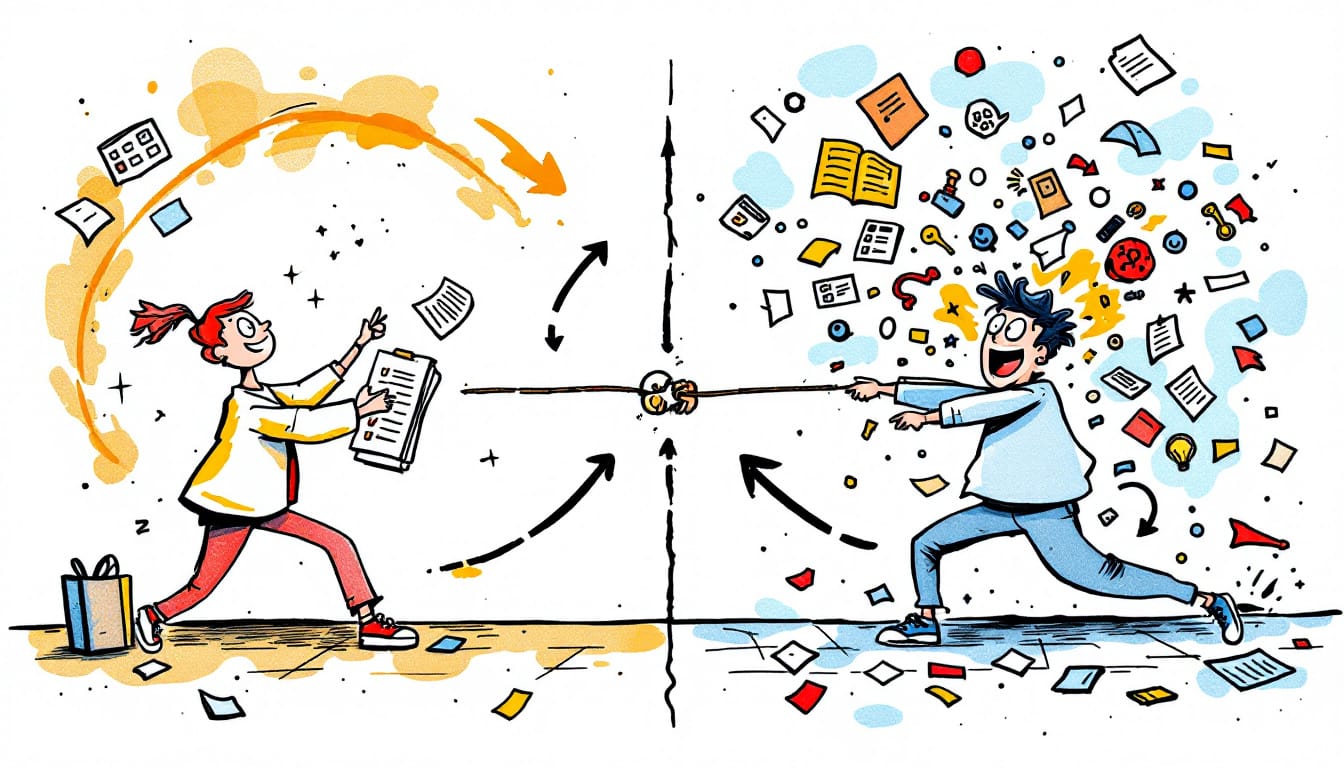 Cartoon illustration showing an ADHD cycle: thriving with routines on one side and overwhelmed by chaos and distractions on the other.